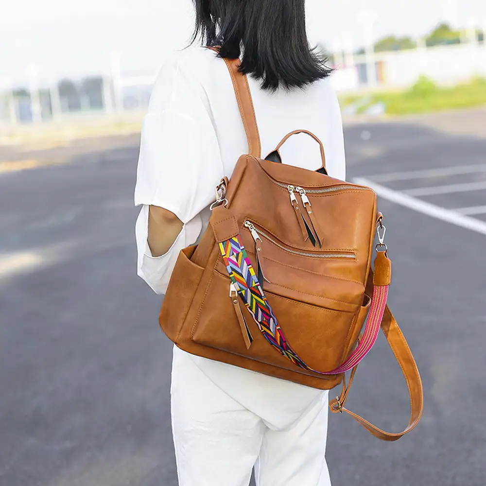 

KANDRA 2020 Versatile PU Leather Travel Backpack Trendy Women Shoulder Bag Vintage Students School Bag Colorful Shoulder Straps