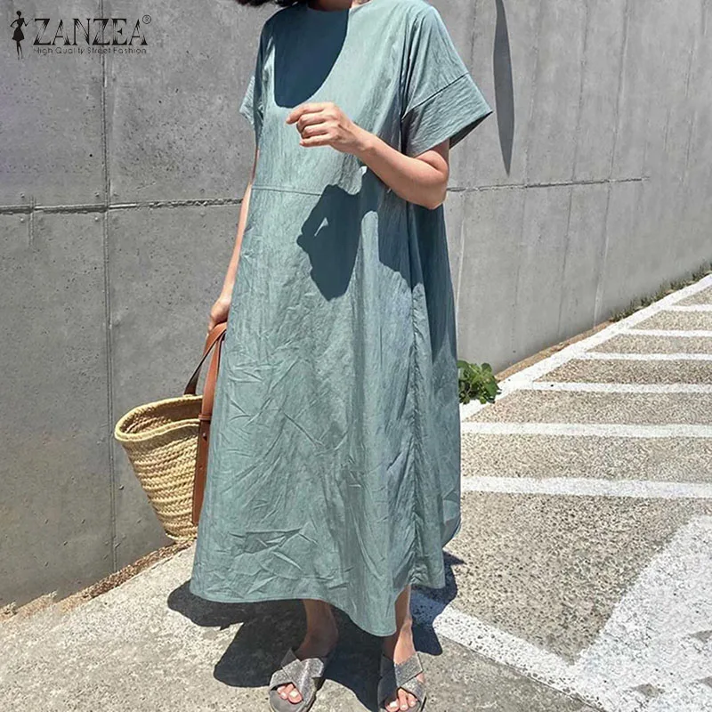 

ZANZEA Women's Summer Dress Fashion O Neck Short Sleeve Solid Loose Casual Work Vestidos Robe Femme Mid-calf Sundress7