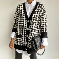 oversized cardigan women v neck houndstooth cardigan autumn winter knitted sweater cardigans loose jumper rebecas de mujer