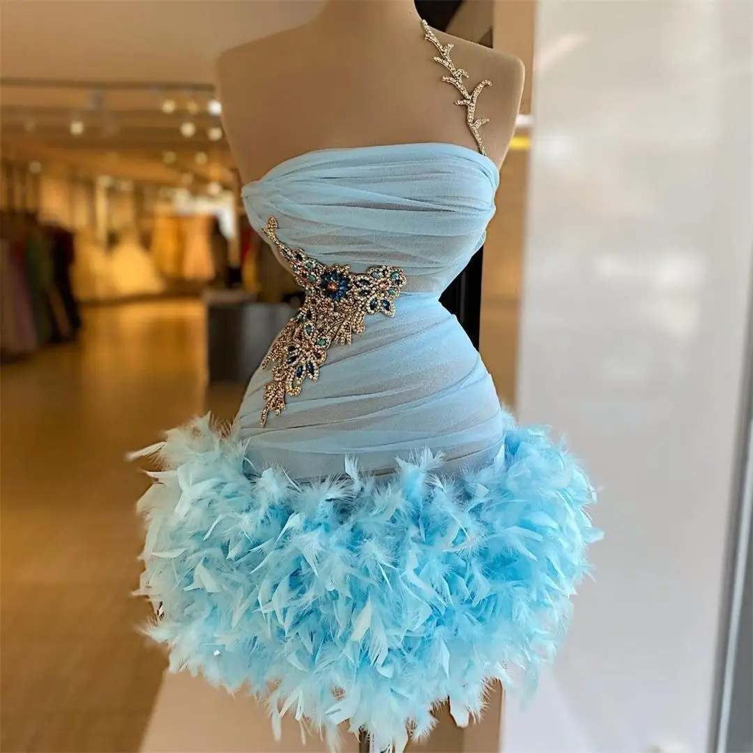 

2021 Illusion Cocktail Dresses Beading Pearls Short Prom Dress Feather Skirt Party Robes De Cocktail Vestido de Novia