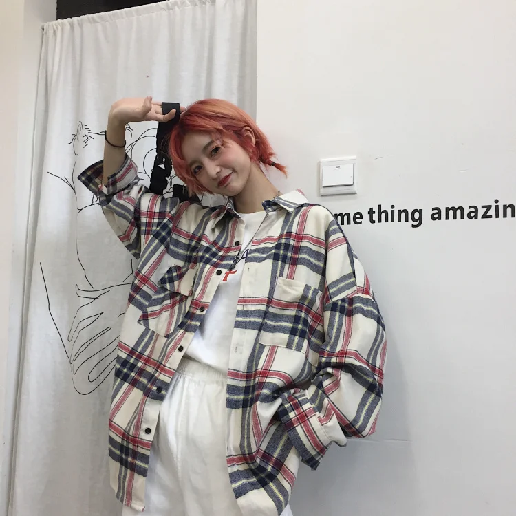 Японская Ретро Клетчатая Мужская рубашка свободная кнопка белая Повседневная