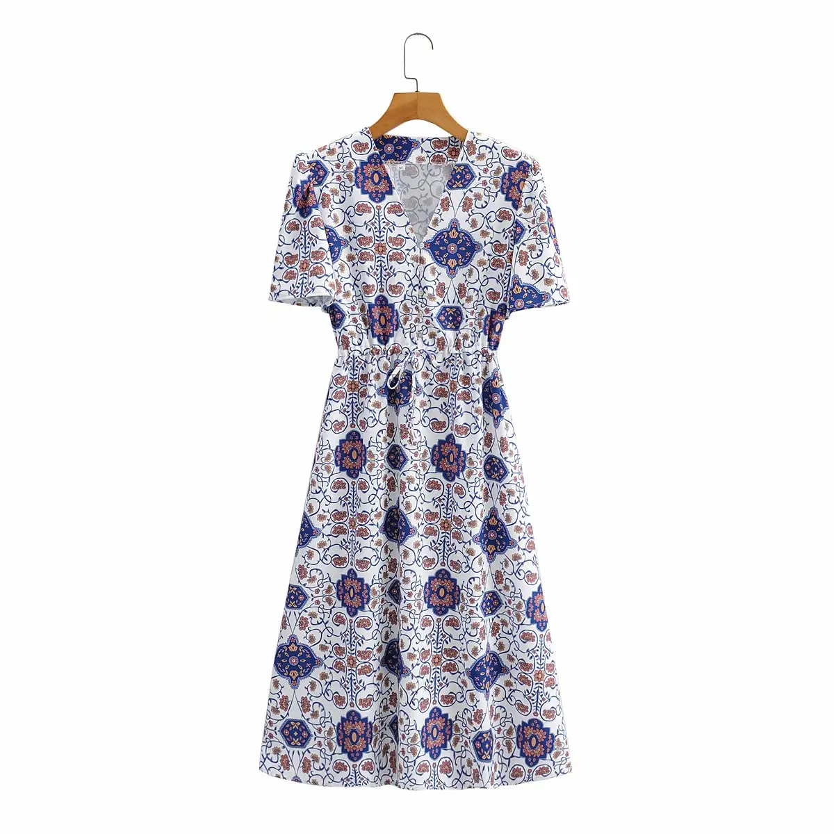 

Women Vintage V-neck Short-sleeved Palace Print Dress Fashion Elegant Waist Waist Temperament Chic Female Midi Dress Vestidos