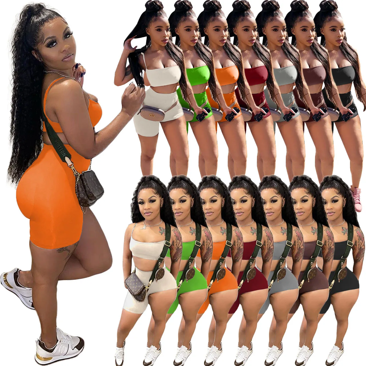 

Casual Spaghetti Straps Two Piece Set Sleeveless Crop Top Short Fashion Tracksuit Outdoor Streetwear Sporty Gym Fitness Suit