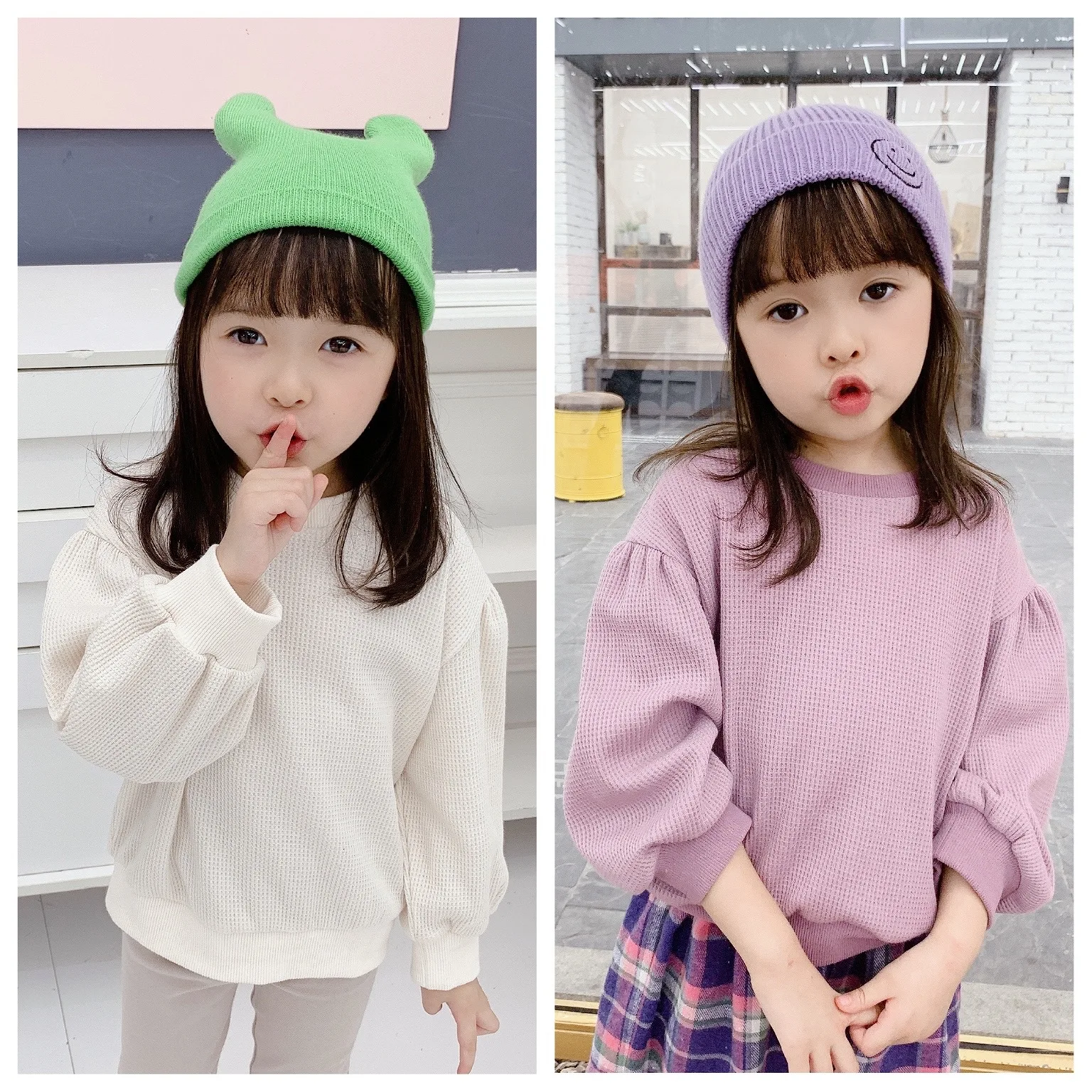

2 3 4 5 6 Years Girls Casual Hoodies Korean Solid Puff Sleeve O-Neck Sweatshirts for Girl Chidren Kids Cotton Clothes Autumn