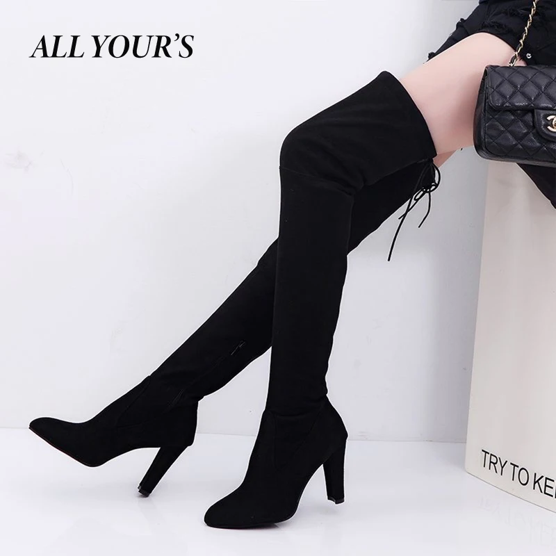 

2021 Fashion New Sexy Over Knee Boots Women Shoes High Heels Boots Black Red Gray Autumn Warm Fur Slip On Thigh High Boots Women