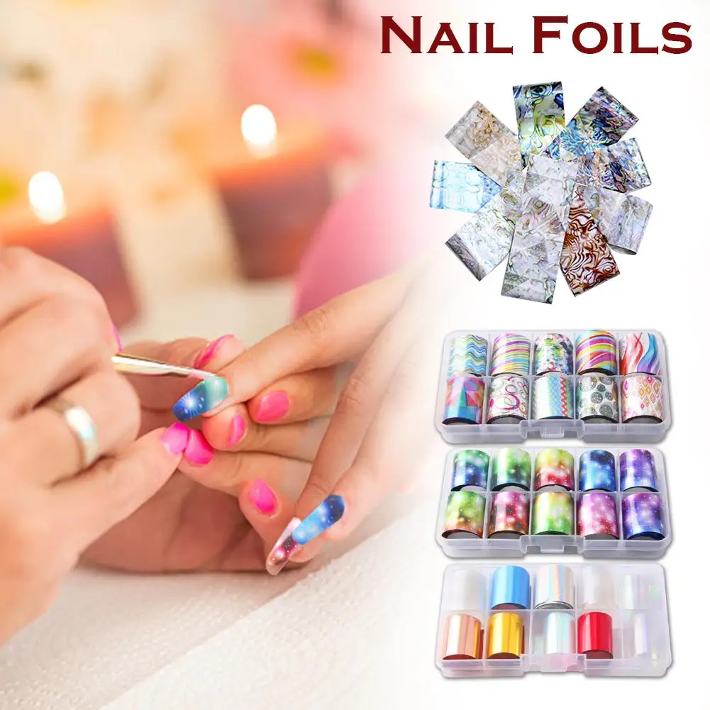 10 рулонов звездное небо Лазерная Фольга для ногтей набор синий прозрачный мрамор