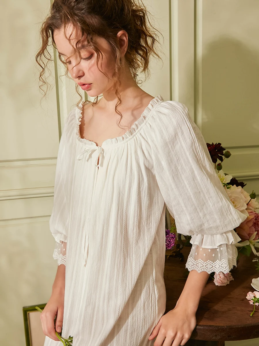 

Long Nightgowns Elegant Night Dress Vintage Cotton Women's Long Sleepwear Spring Summer Royal Princess White Lace
