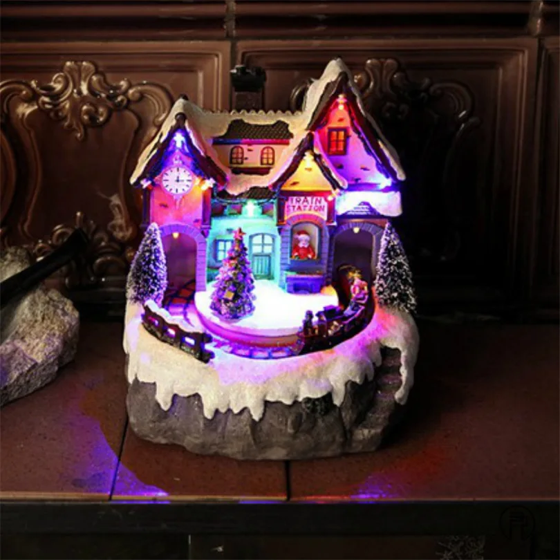 

Creative European resin Christmas fiber house train rotating LED church lamp house E14 lamp crafts ornaments