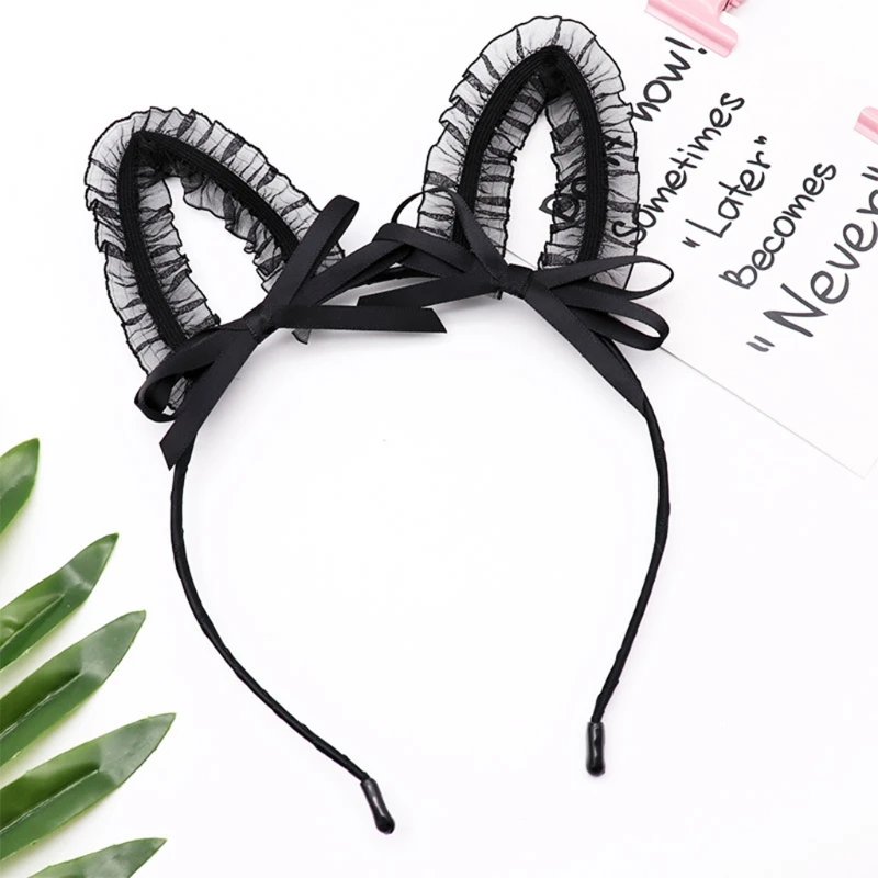 

649D Sweet Black Lace Animal Cat Ears Headband Bowknot Ruffled Mesh Hair Hoop Masquerade Party Cosplay Anime Hair Accessories