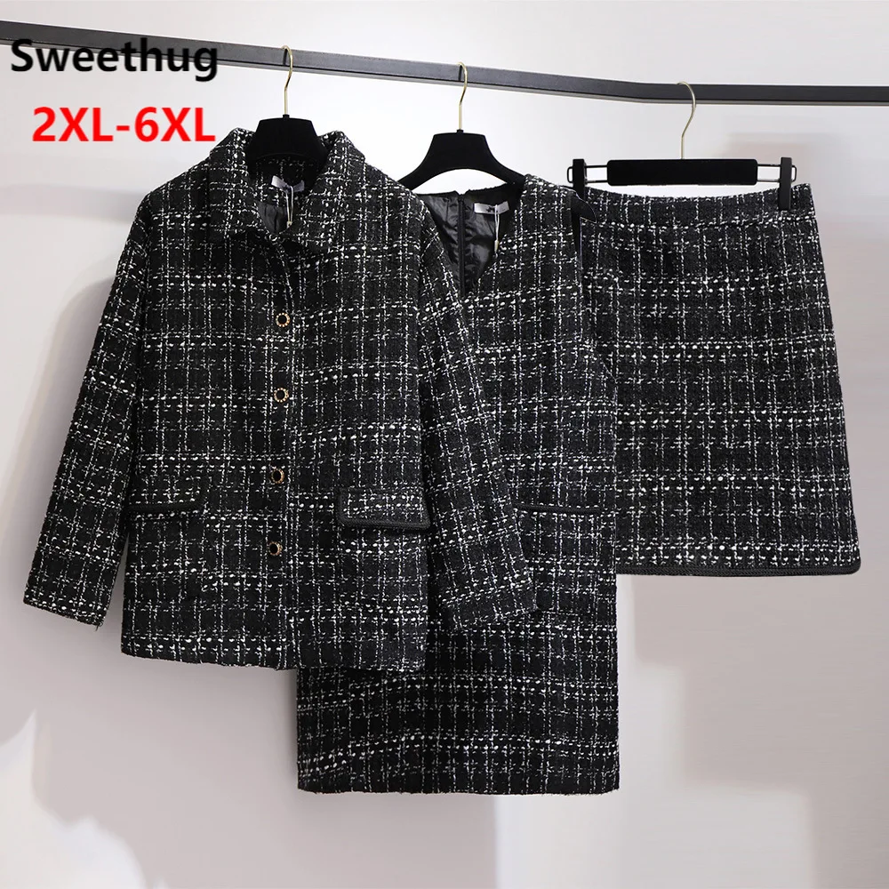 

Женский твидовый костюм Sweethug, из жилета и юбки, комплект из трех предметов, твидовый пиджак, топ, юбка, зима размера плюс, 4XL, 5XL, 6XL