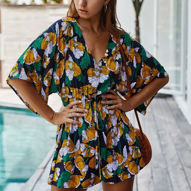 

Loose Bohemian Women Summer Playsuit V-Neck Holiday Beach Short Sleeve Loose Rompers