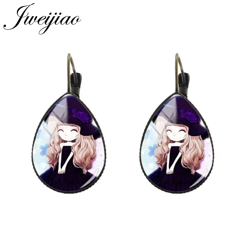 

JWEIJIAO Japan Anime Earrings Tear water-drop Ear Clip Earrings Antique Bronze charm Glass cartoon photo girls jewelry C087