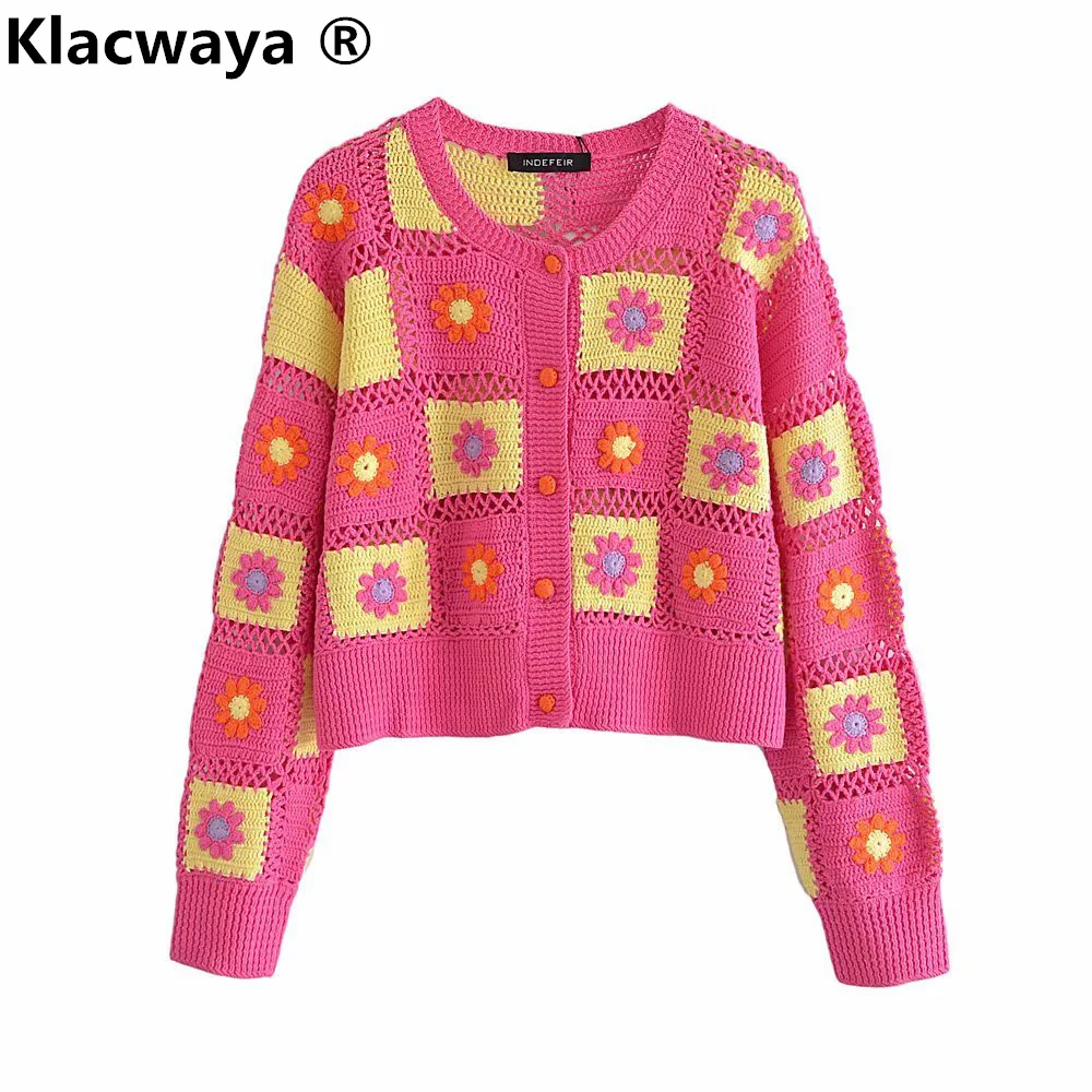 

Klacwaya 2021 Женская мода с пуговицами укороченный вязаный крючком кардиган свитер винтажный с длинным рукавом женская вязаная Верхняя одежда Т...