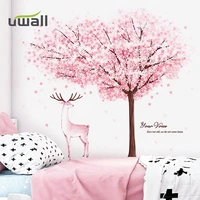 ins pink cherry tree deer self adhesive wall stickers bedroom decor stickers background stickers home decoration kids room decor