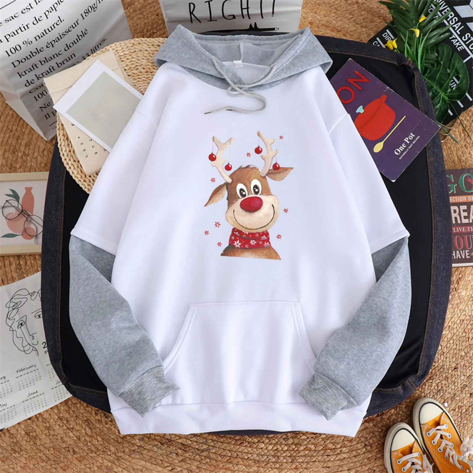 

Couple Clothes Women Sweatshirt Christmas Deer Print Patchwork Pullover Autumn Long Sleeve Loose Hoodie Ladies Streetwear Tops