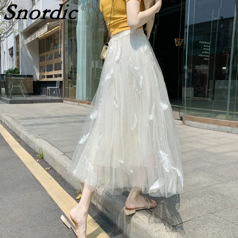 

2021 New Women Summer Autumn Long Feather Mesh Skirt Elastic High Waist A-line Princess Skirts Jupes