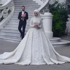 Белое мусульманское платье невесты, бальное платье с аппликацией и хиджабом, Длинные свадебные платья с высоким воротником и длинными рукавами