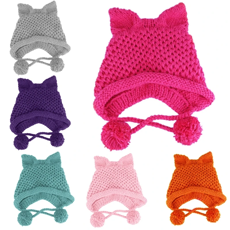 

Women Winter Chunky Knit Beanie Hat Cute 3D Cat Ears Solid Color Windproof Warm Earflap Cap with Pompom Chin Strap