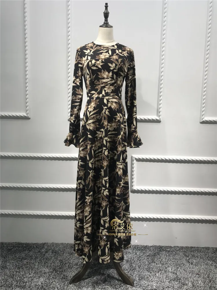 

Elegant Muslim Abaya Dree Women Print Flare Sleeve High Waist Long Dresses Islamic Clothing Dubai Arab Elbise Caftan Maxi Dress