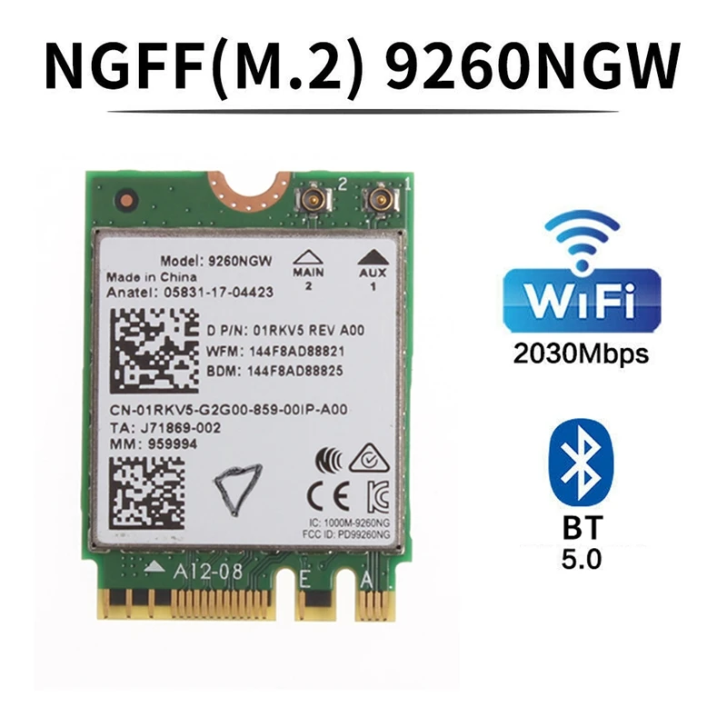 

9260 AC 9260NGW Network WiFi Card M.2 2030Mbps 2.4G/5Ghz 802.11Ac Bluetooth 5.0 for Laptop Desktop Windows 10