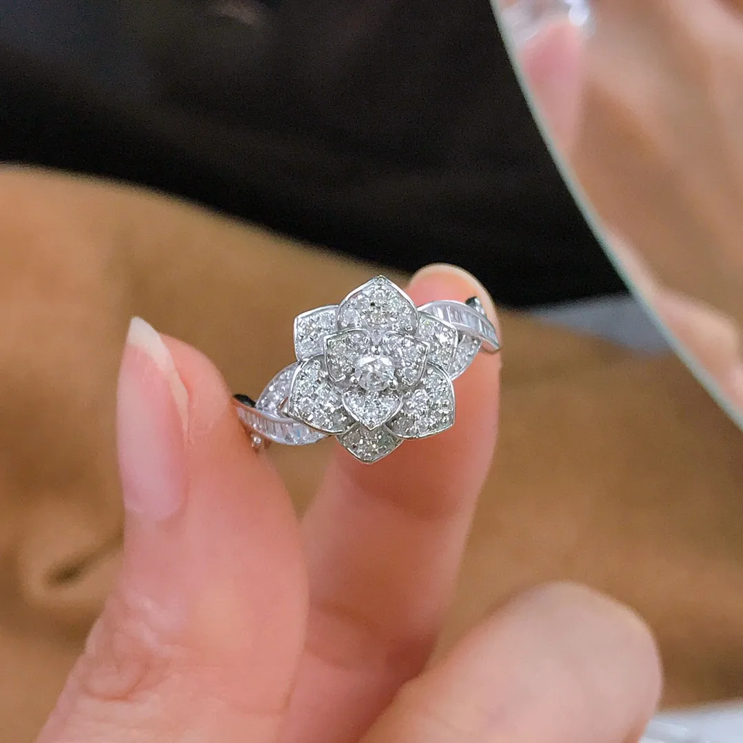 

18K White Rose flower Diamond Ring Gold Solid Jewelry(AU750)Women Real Natural Diamond Wedding Rings Fine Jewelry Customize