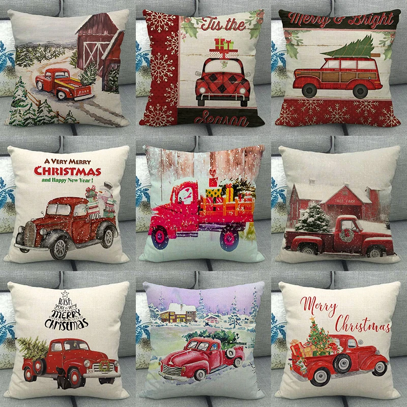 

New Year 2022 Christmas Decoration Car Print Pattern Cotton Canvas Throw Cushion Cover Home Sofa Party Decor Pillowcover 40147