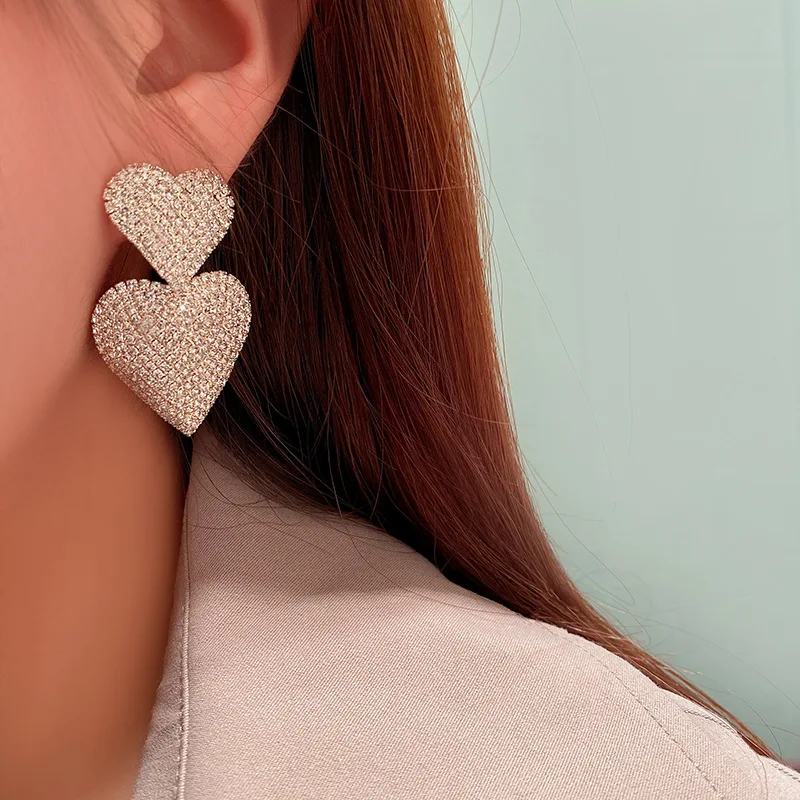 

Double Heart Pendant Earring for Women Simple Temperament Jewelry Cubic Zirconia Exaggerated Earrings