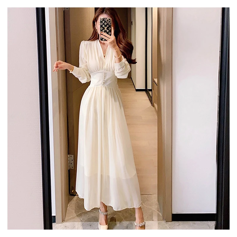

AL 2021 Spring And Summer Women Sexy Elegant Sweet and Lovely Long Sleeve V Neck Wist Tilting And Slimming Party Midlength Dress