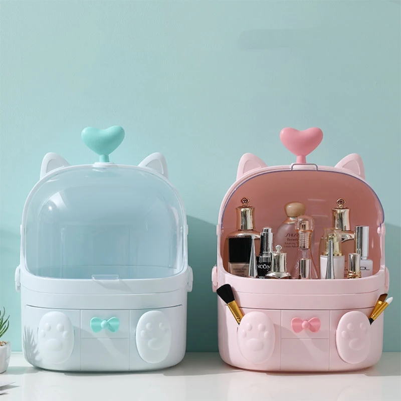 

Cat Shape Plastic Makeup Storage_Box Cosmetic Organizer Make Up Container Desktop Sundry Storage Case with Handle