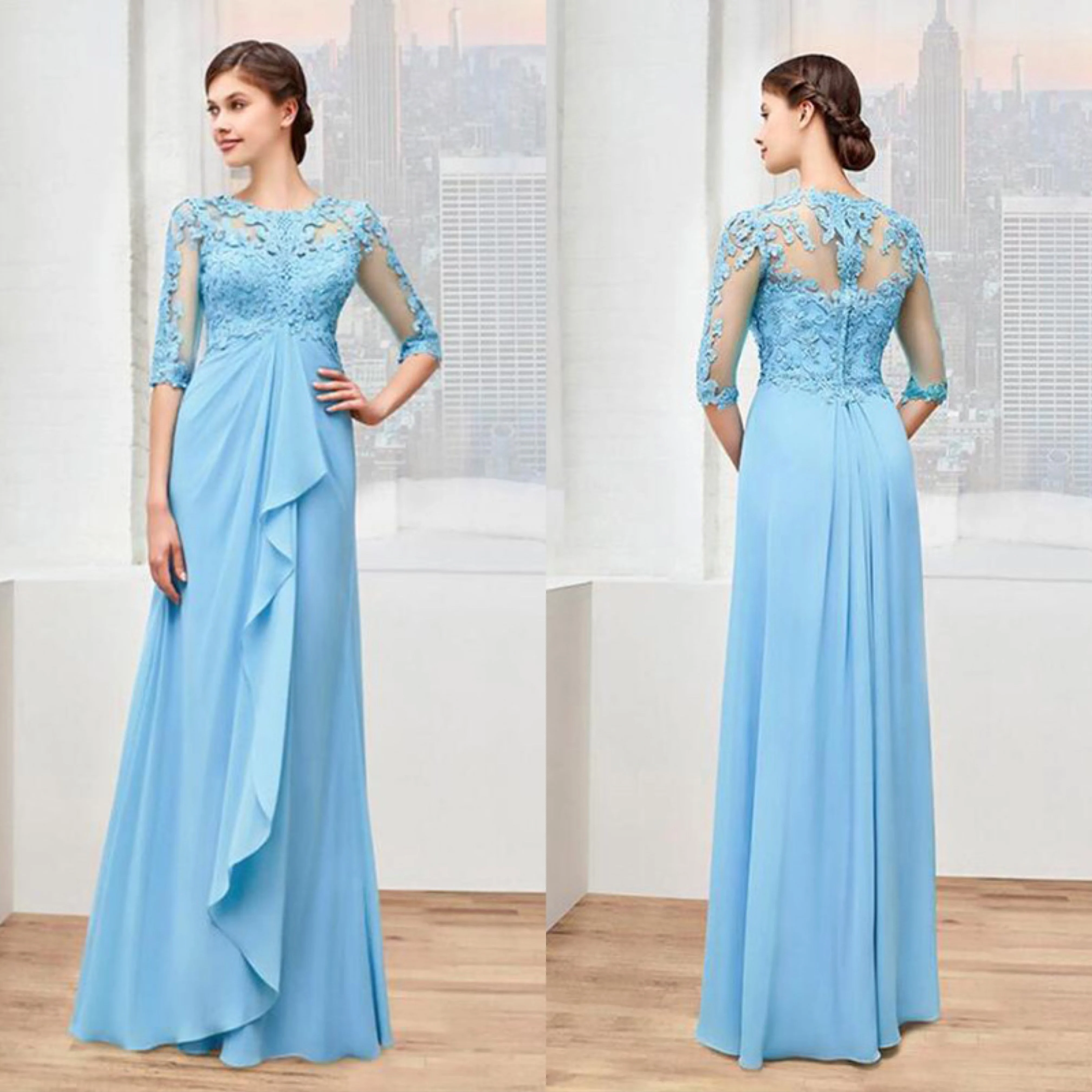 

Sky Blue Mother of the Bride Dresses With Lace Three Quarter Sleeves O-Neck Chiffon Appliques Full Length Wedding Guest Gowns