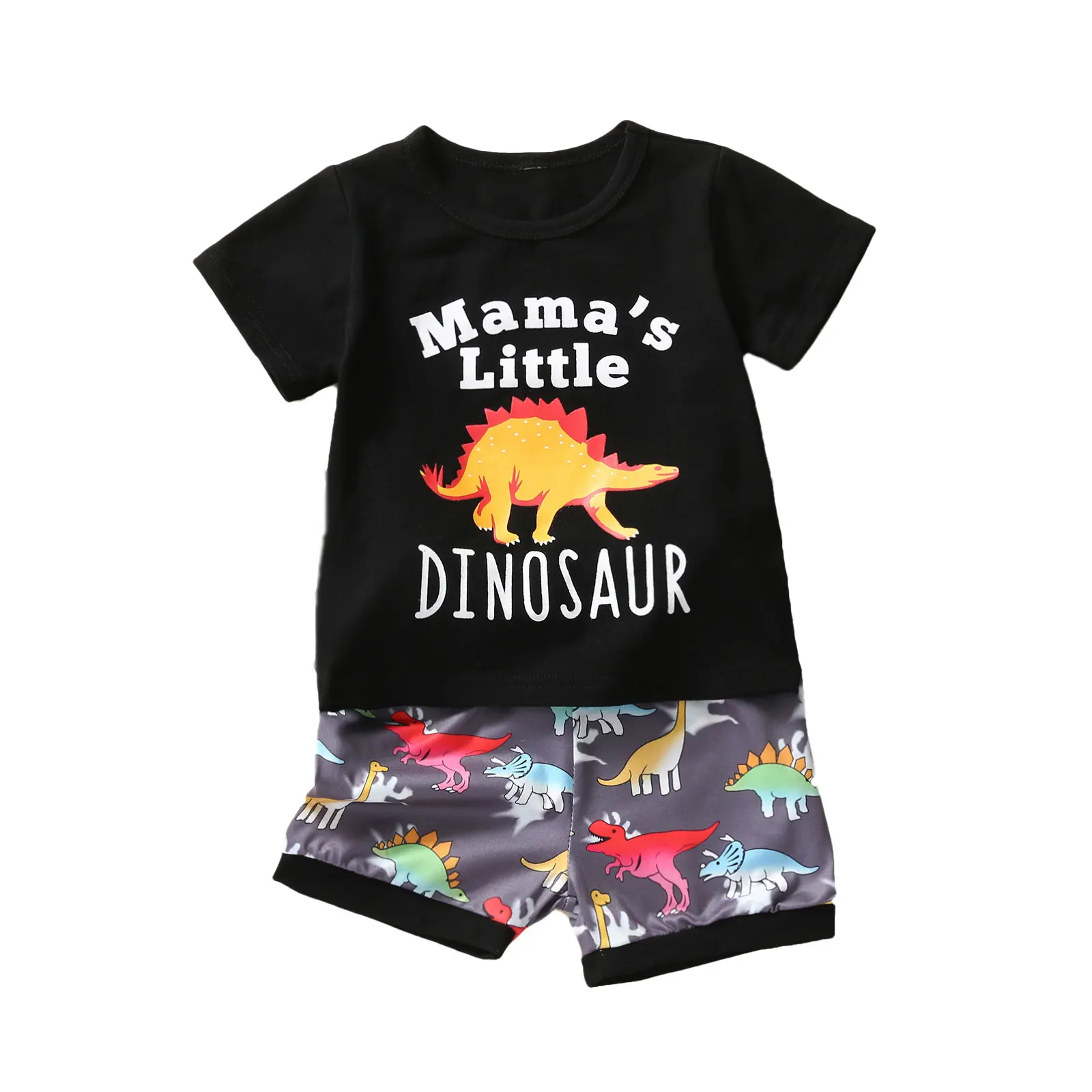 

OPPERIAYA Baby Boy 2Piece Kid Casual Set Letter Dinosaur Print O-Neck Short Sleeve T-Shirt Shorts Summer Black 6 Months-3 Years