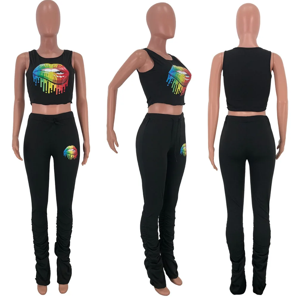 

2021 Women Sport Two Piece Set Activewear Tracksuit Sleeveles Bandage Crop T-shirts & Stacked Legging Pant Fitness Matching Sets