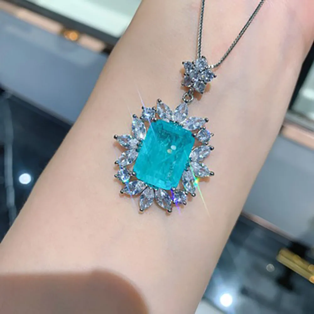 

KNRIQUEN Paraiba Tourmaline Gemstone Pendant Necklace Lab Diamond Wedding Engagement Fine Jewelry for Women Luxury Birthday Gift