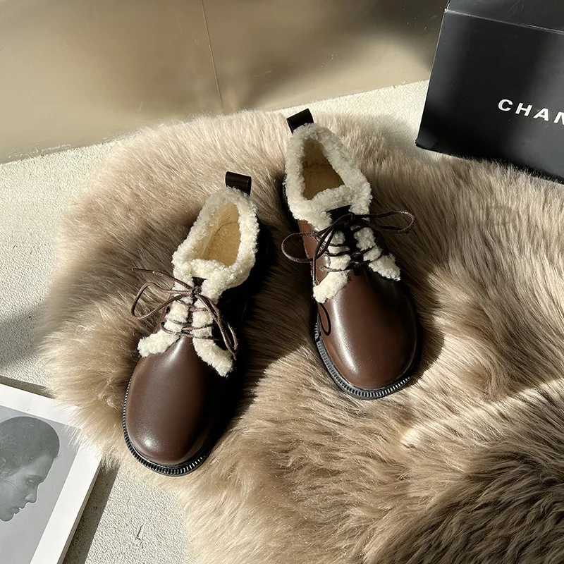 

Women Autumn Winter British Style Cotton Shoes All-Match Warm Female Plush Shoes Plus Velvet Non-Slip Flat-Bottomed Peas Shoes