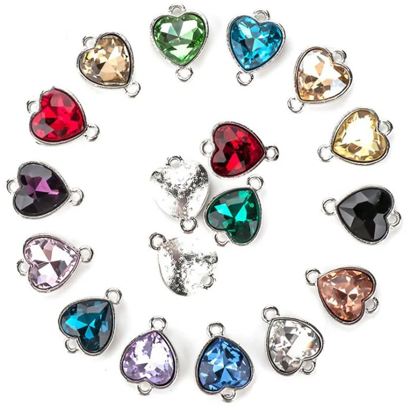 

10pcs/lot Crysta Glass Heart Charms Pendant Connector Clasp for Earring Findings DIY Pendant Necklace Bracelet Jewelry Making
