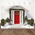 Фон для фотосъемки с изображением рождественской елки зимы снега гирлянды Красной двери Белого дома для фотостудии тематический фон