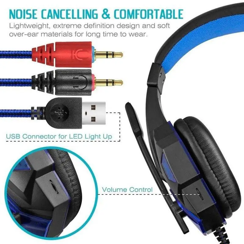 hobbylane over ear gaming headset with mic and led light game electronic sports ear buds for laptop cellphone ps4 headphones ps5 free global shipping