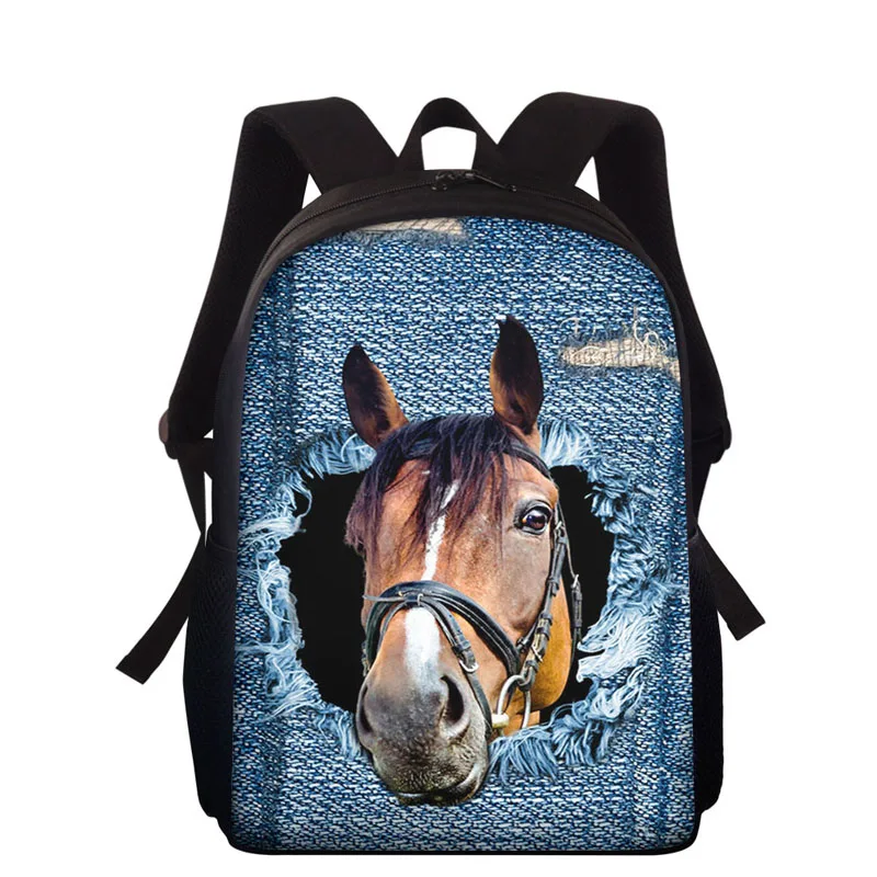 

15” Denim Horse Print Kids Backpack For Girls Boys Animal Bag Cartable Enfant Children 3D School Bags Mochila Kindergarten Bag