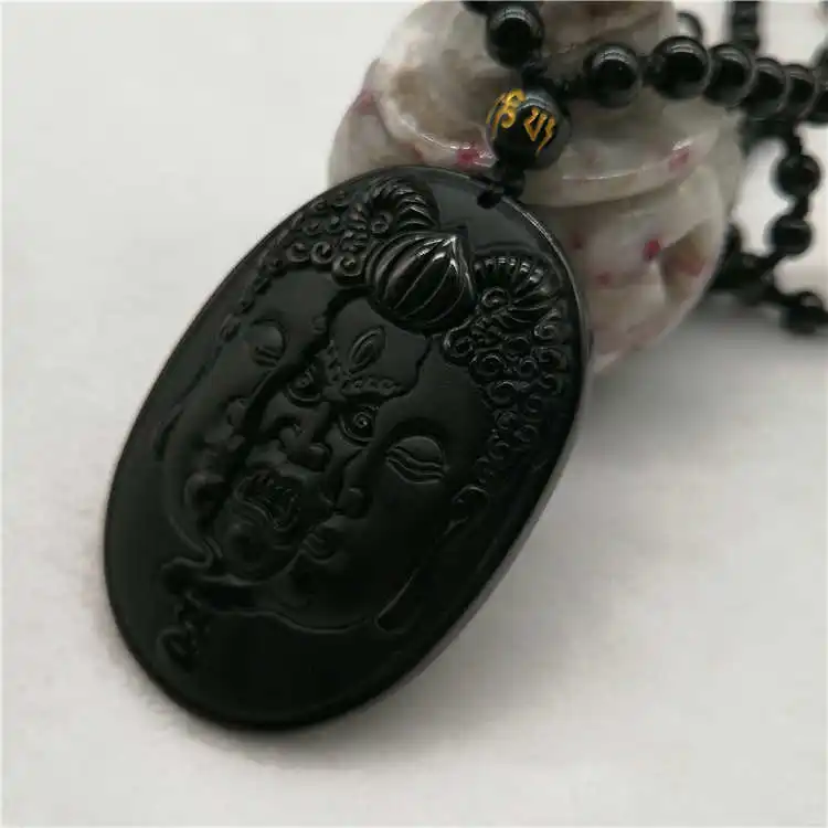Натуральный черный обсидиан ювелирные изделия кулон ожерелье резной между