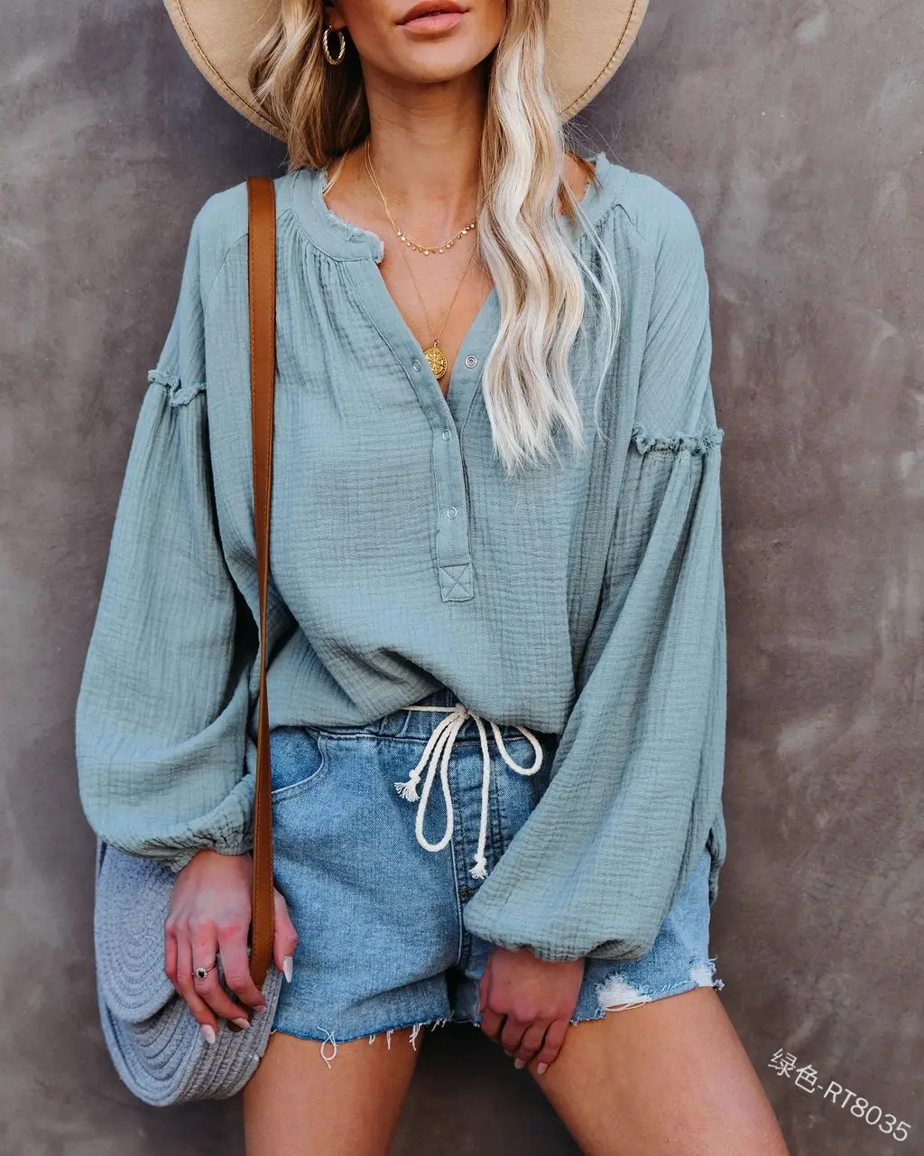 

Женская шифоновая блузка с V-образным вырезом и рукавами-фонариками