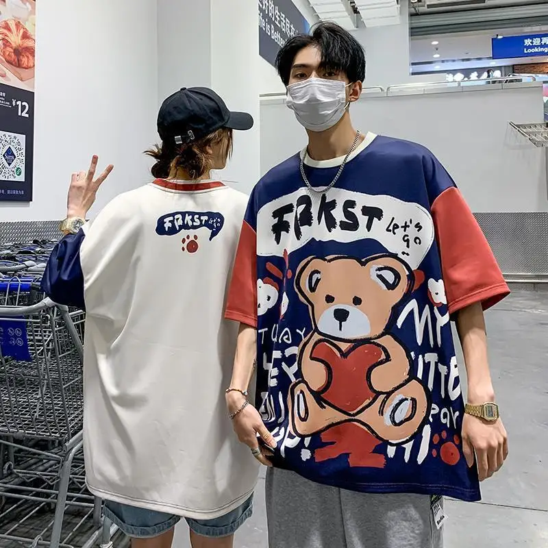

Couple's clothing niche Design Summer Cartoon Bear graffiti short sleeve t-shirt men's and women's loose Korean half top