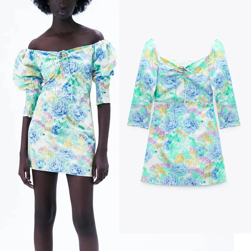 

Женское мини-платье с цветочным принтом, винтажное платье с открытыми плечами и оборками на груди, с пышным рукавом и бантом, лето 2021