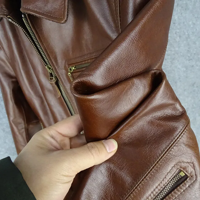 

Brown Men 2020 American Style 1930s Biker's Leather Jacket Plus Size 4XL Genuine Cowhide Autumn Slim Fit Short Motorcycle Coat