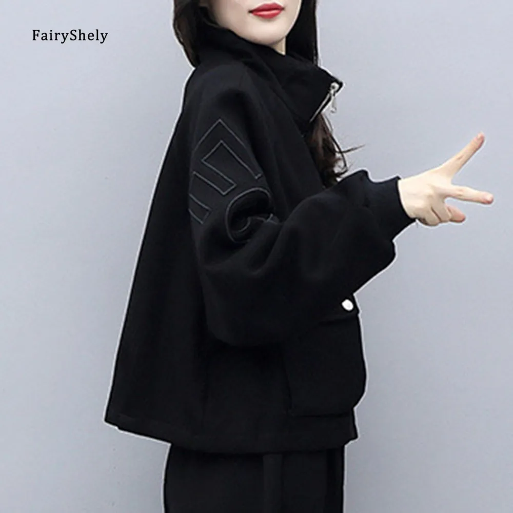 

FairyShely 2020 Autumn Winter Black Zipper Woolen Jacket Pants suit female Fashion Casual Coat Harem pants Net red 2 pieces Set