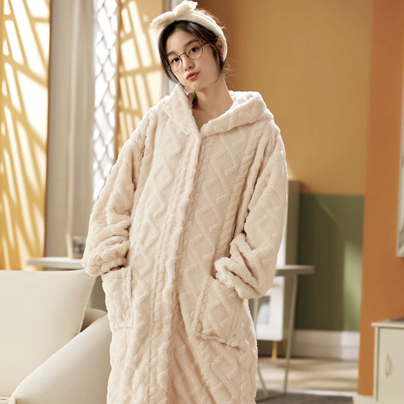 Nightgown Women's Mid-length Coral Velvet Warm Pajamas Sets Sleepwear Flannel Winter OuterwearHome Wear Clothing pijama mujer