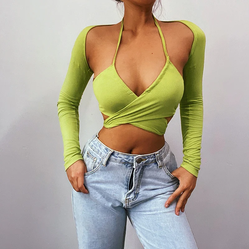 

hirigin Criss-cross Halter Off Shoulder Backless Tube Tops Tank Vest Lace-up Camis With Long Sleeve T-shirts Streetwear Fall