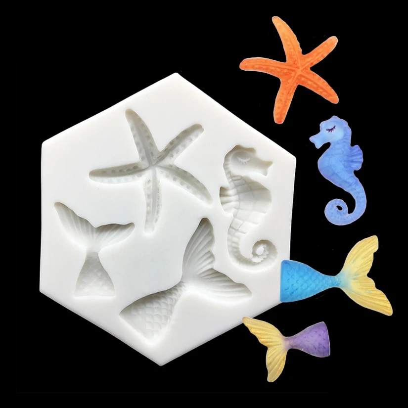 Ferramentas de Decoração do Bolo Atacado Sereia Cauda Starfish Seahorse Silicone Molde Sugarcraft Cupcake Baking Fondant 10 Pçs