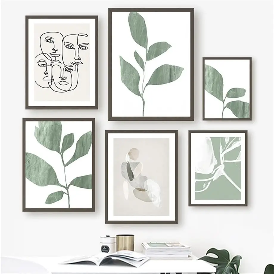 Абстрактные зеленые листья Геометрическая линия лица скандинавские плакаты и