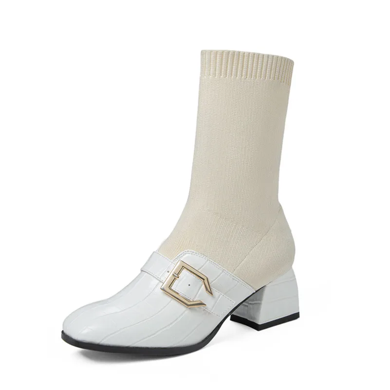 

ANNYMOLI High Heel Ankle Boots Thick Heel Woman Boots Buckle Short Boots Round Toe Ladies Shoes Autumn Winter Beige Big Size 46