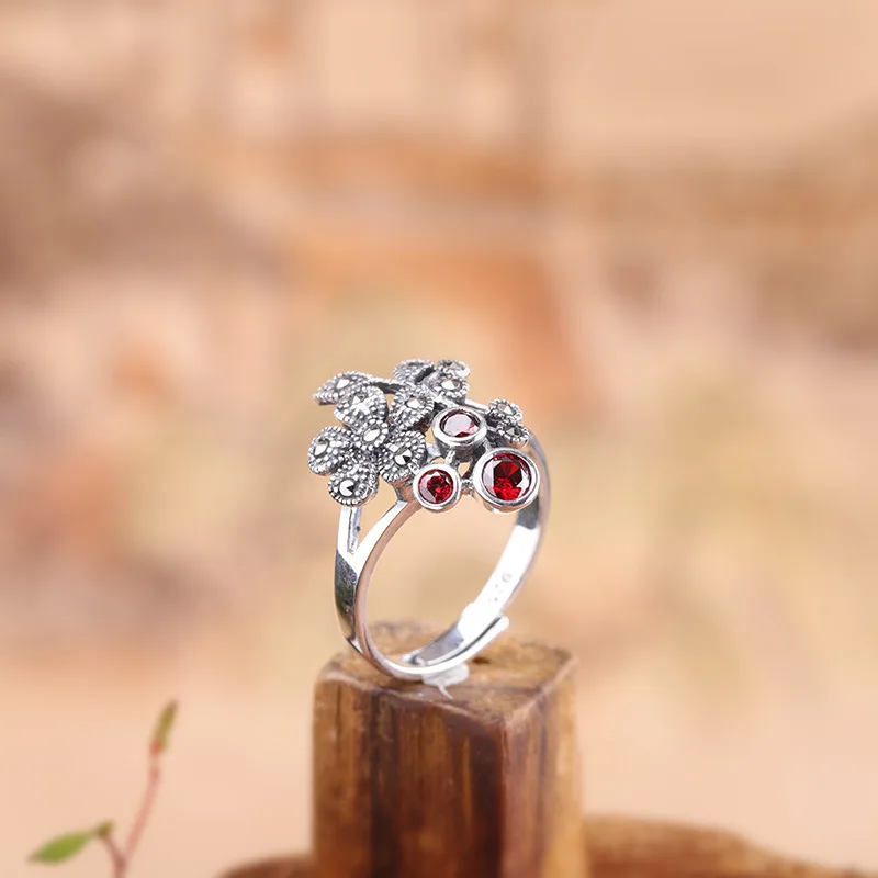 

Женское серебряное кольцо 925 пробы, новинка 2020, модное серебряное кольцо ручной работы для женщин, кольцо с цветком сливы и гранатом и натура...